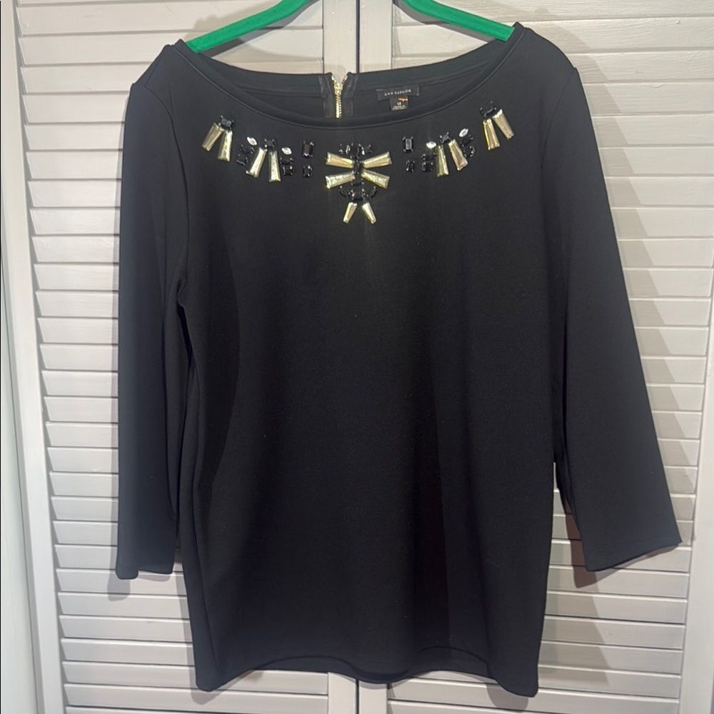 Ann Taylor Black Blouse with Gold Embellishments